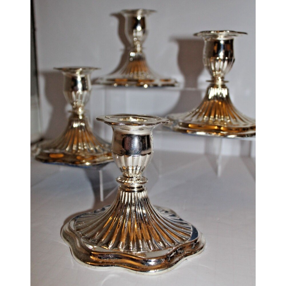 Vintage Silver Tone Candlestick Holders Set of 4 Scalloped Fluted Taper Candle